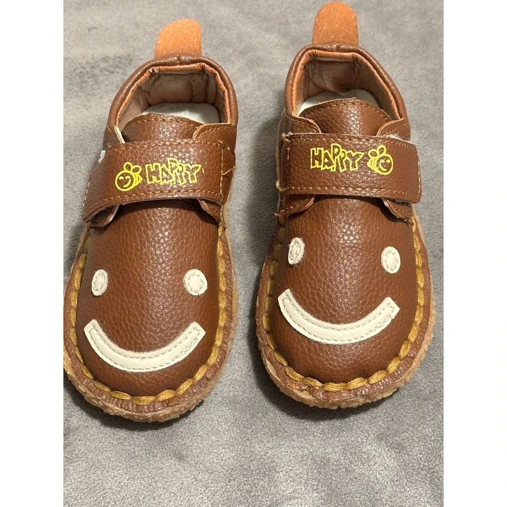 Happy Bee Toddler Shoes Brown Smiley Face Faux Leather Loafers Moe-4 Size 5
